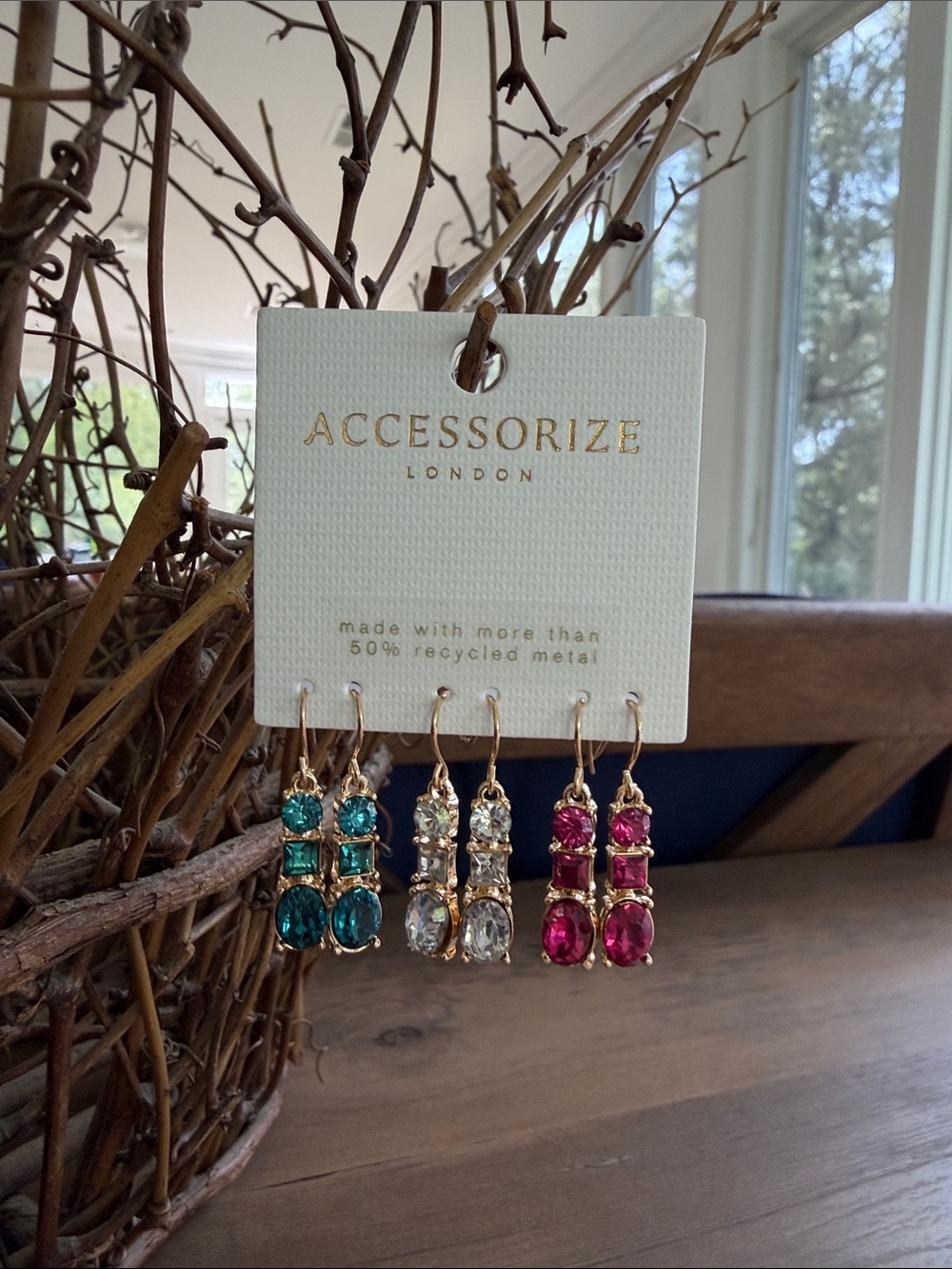 Gold-Tone Trio Drop Earrings in Teal, Clear & Pink